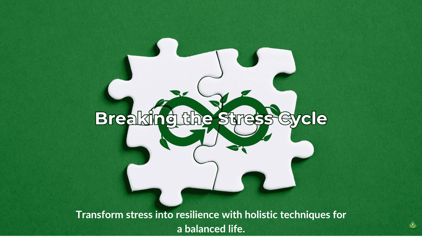 Circular stress cycle diagram breaking apart with vibrant light and text 'Breaking the Stress Cycle.
