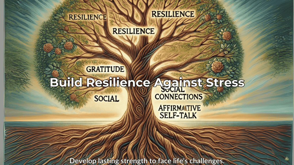 Tree with deep roots labeled "Resilience" and branches showing stress management strategies.