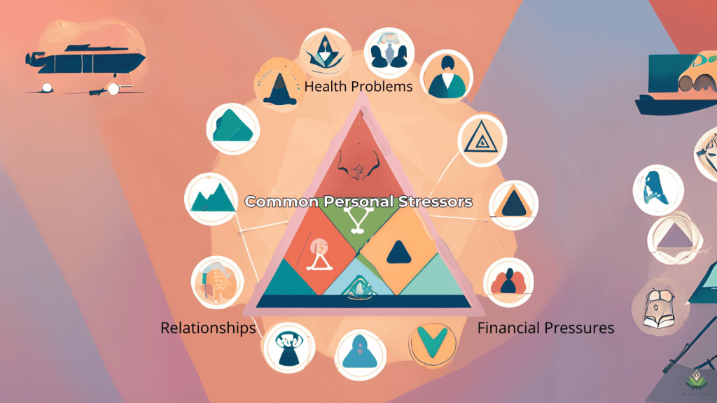 Triangle infographic with icons representing relationships, health problems, and financial pressures under the title 'Common Personal Stressors.