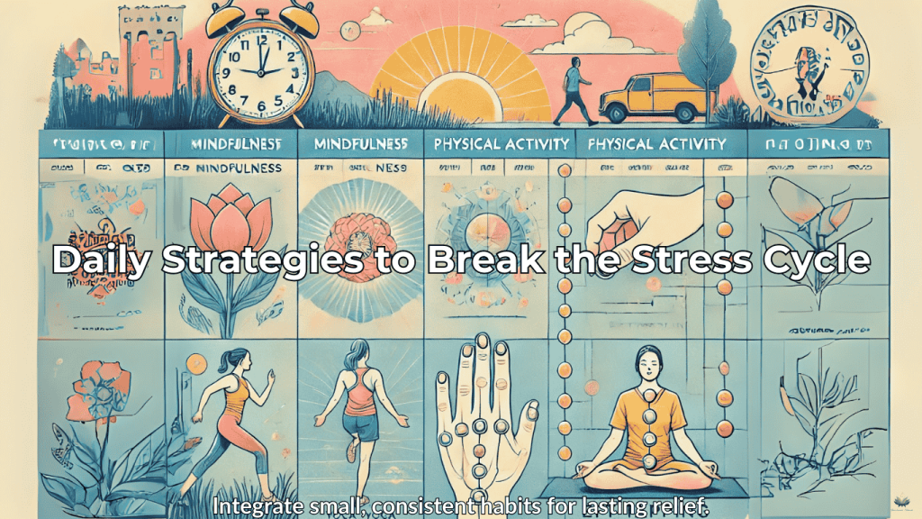 Daily schedule illustration showing stress relief strategies like mindfulness, exercise, and EFT tapping.