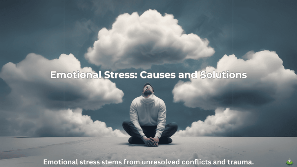 Image of a person sitting with head in hands, surrounded by cloudy imagery, with text 'Emotional stress stems from unresolved conflicts.