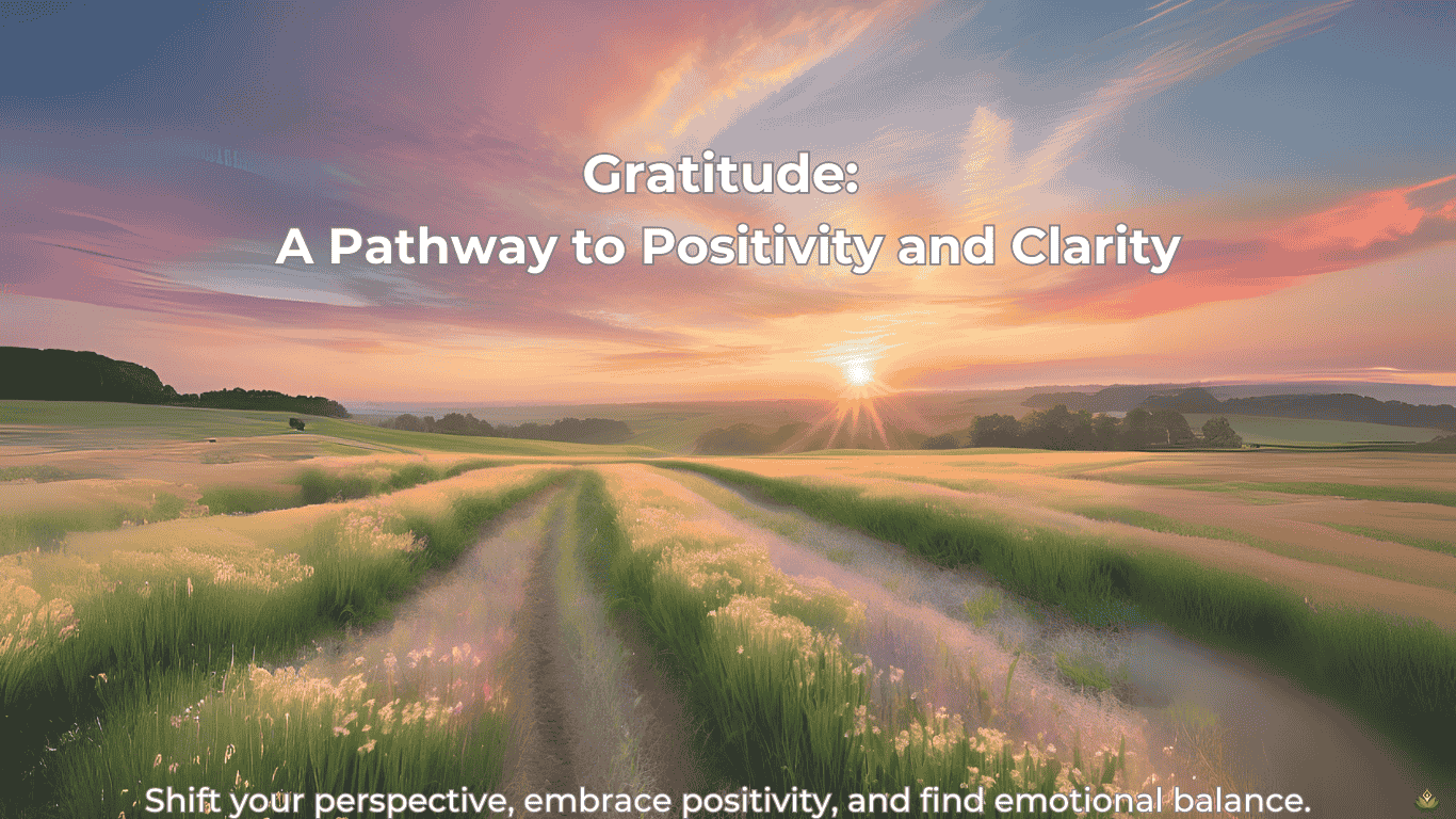 Sunrise over a calm landscape with text 'Gratitude: A Pathway to Positivity and Clarity.'