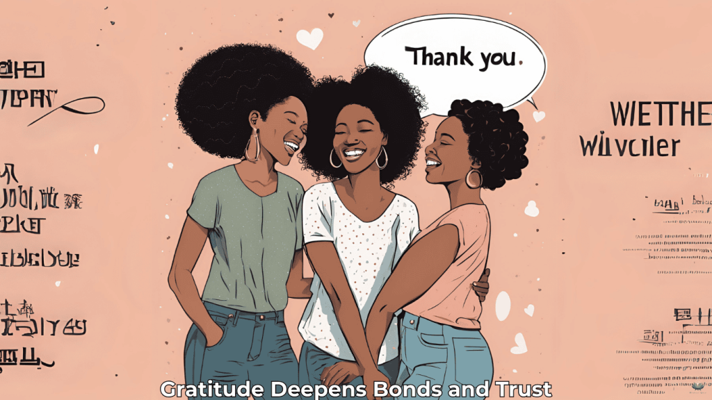 Gratitude and Relationships Deepening Bonds Through Appreciation Three friends sharing a heartfelt moment with gratitude expressions like 'Thank you.