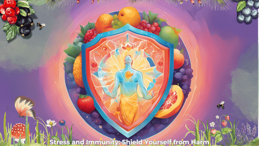 Immune shield graphic with cracks and healing icons showing stress impact on immunity.