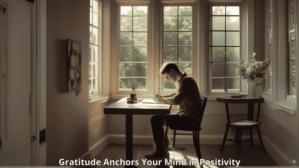 How Gratitude Helps Shift Focus from Stress to Positivity Person journaling by a window with text 'Gratitude Anchors Your Mind in Positivity.