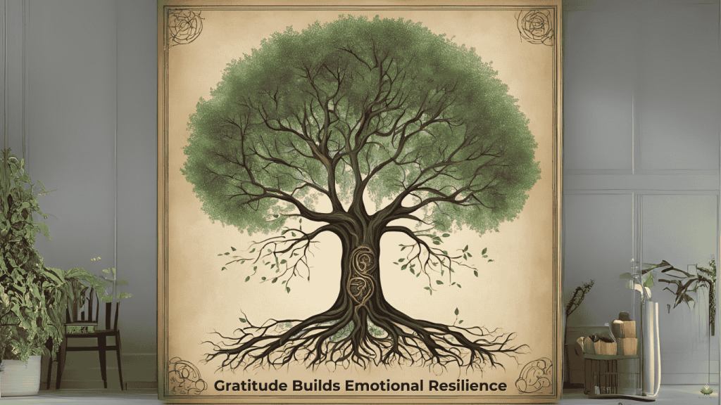 How Gratitude Strengthens Emotional Resilience and Optimism Tree metaphor showing gratitude as the foundation for resilience, optimism, and strength.