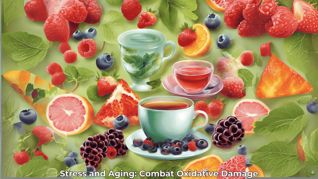 Cellular imagery showing oxidative damage and antioxidant foods for stress relief.