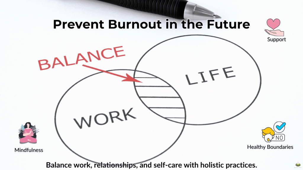 Balanced scale symbolizing work-life harmony with tips for burnout prevention.