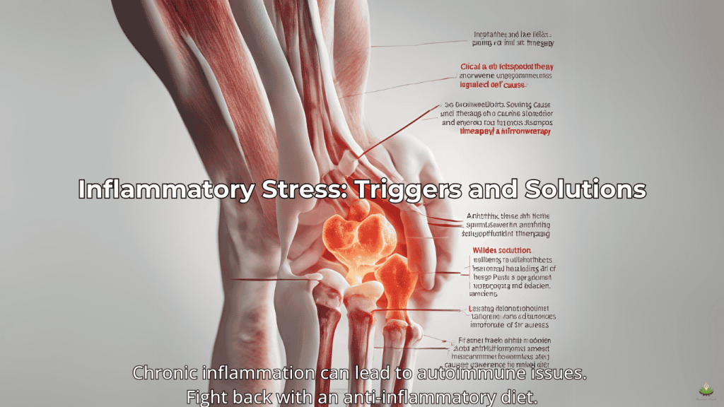 Close-up of inflamed joints with anti-inflammatory foods and text 'Chronic inflammation can lead to autoimmune issues.