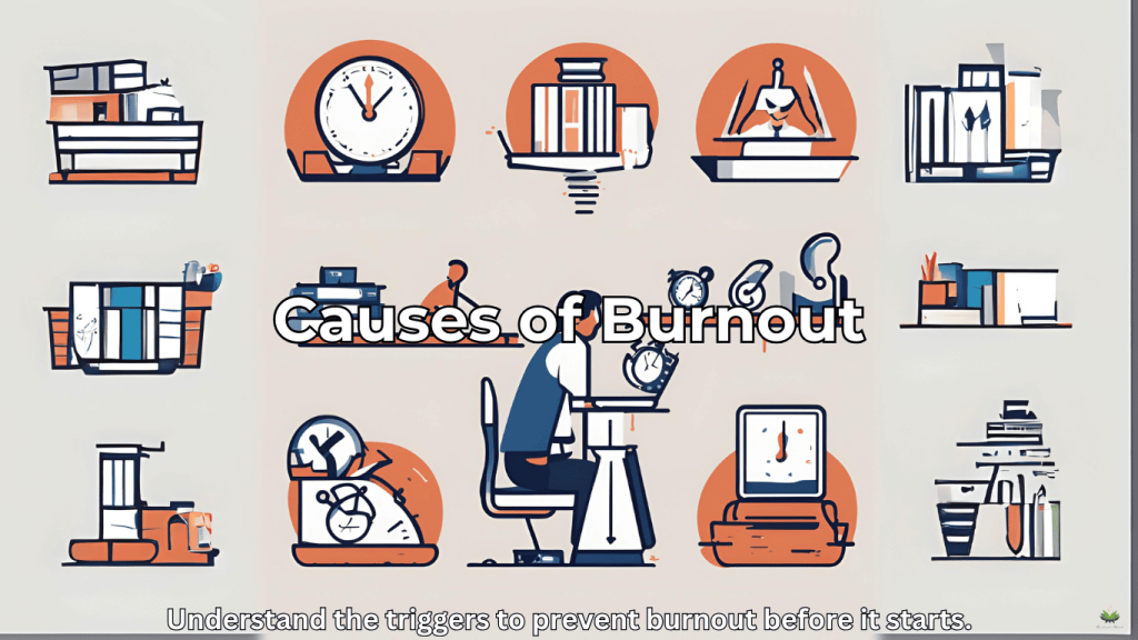 Icons for workplace demands, lack of control, and poor work-life balance with text 'Causes of Burnout.
