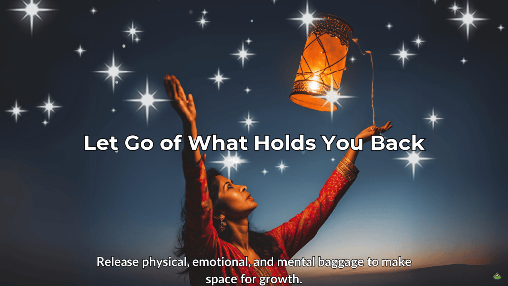 Person releasing a lantern into the sky with text 'Let Go of What Holds You Back.