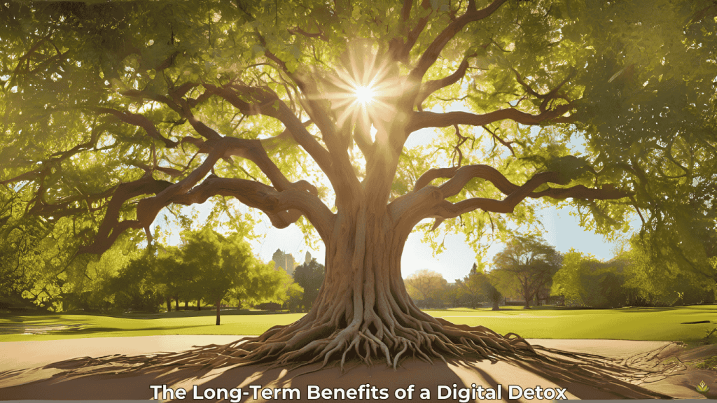 Long-Term Advantages of Digital Detox Clarity, Creativity, and Balance Tree metaphor showing long-term digital detox benefits: clarity, creativity, and better relationships.