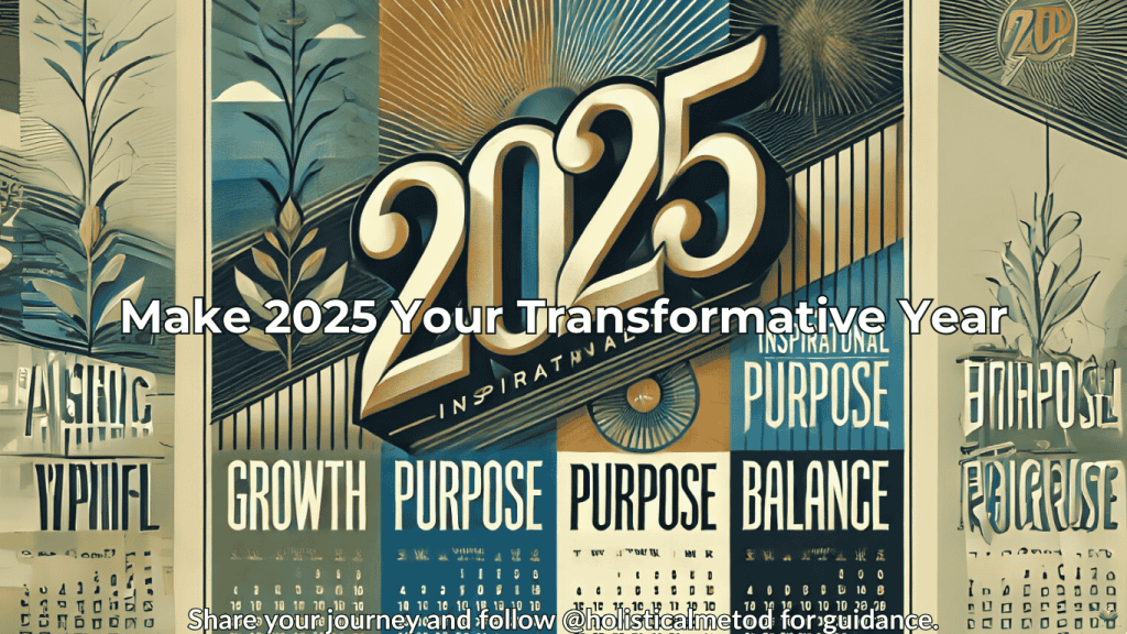Calendar with 2025 highlighted and phrases like 'growth,' 'purpose,' and 'balance.'