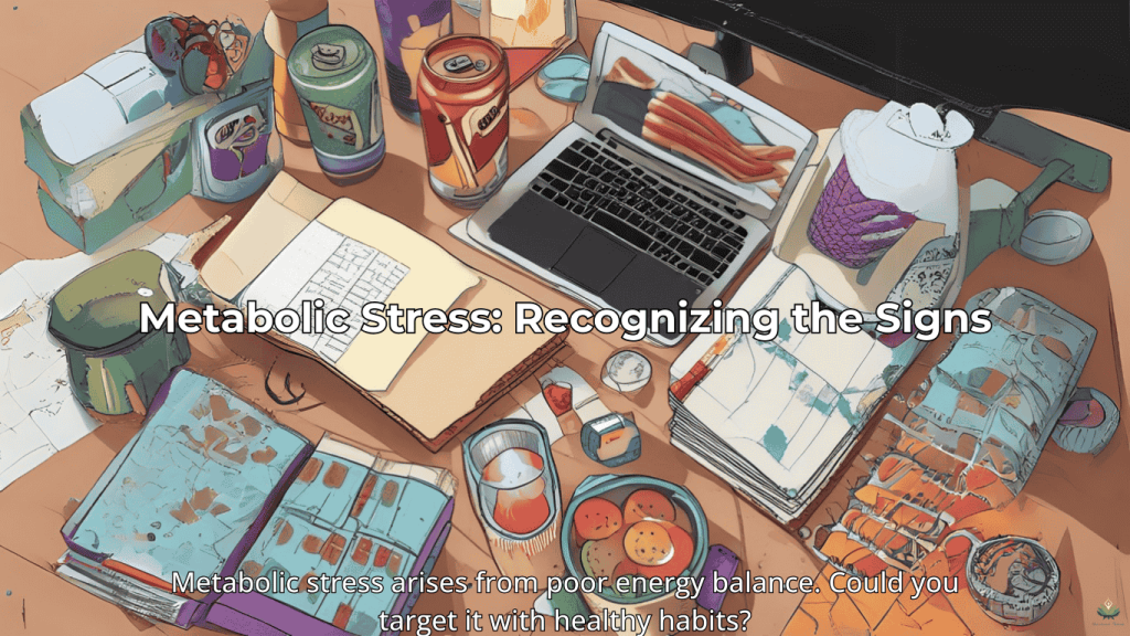 Image of a cluttered desk and stressed individual with text 'Metabolic stress arises from poor energy balance.