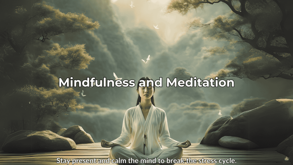 Person meditating in nature with a calming heartbeat overlay.