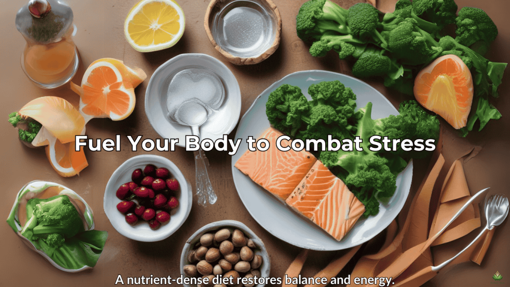 Healthy plate of food with leafy greens, nuts, salmon