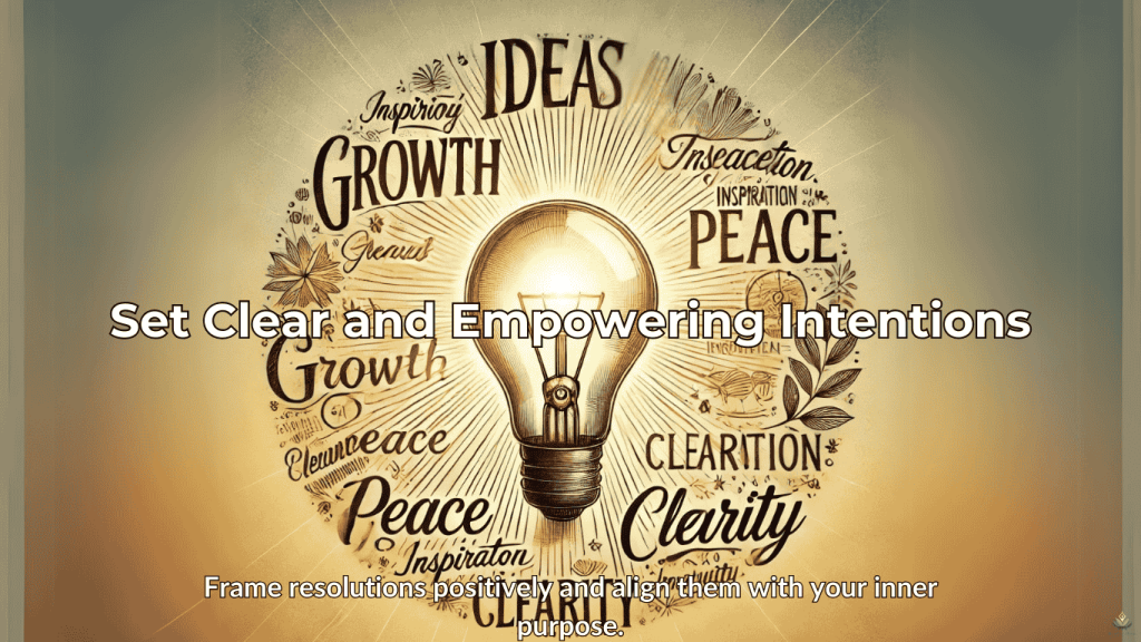 Glowing light bulb with keywords 'growth,' 'peace,' and 'clarity.
