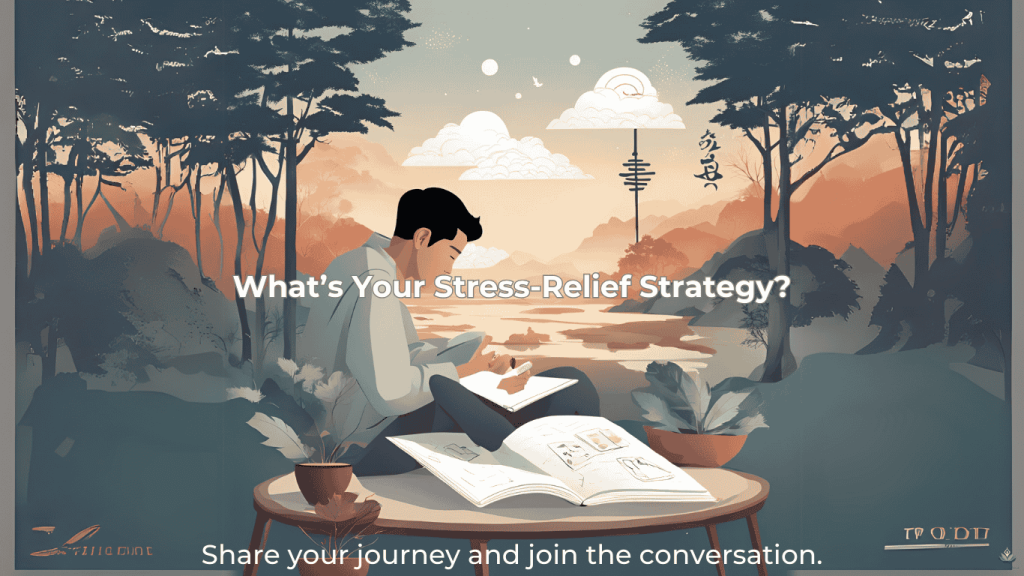 Calming scenic image with person journaling and text 'What’s Your Stress-Relief Strategy?'