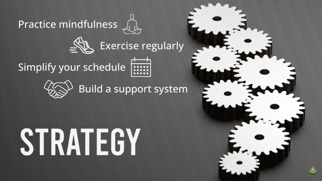 Checklist of stress management strategies, including mindfulness, exercise, simplifying schedules, and building a support system.