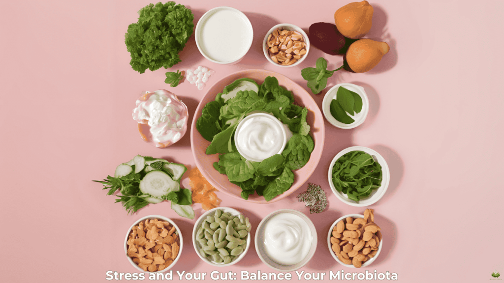 Gut-brain connection graphic with probiotic foods emphasizing gut health.