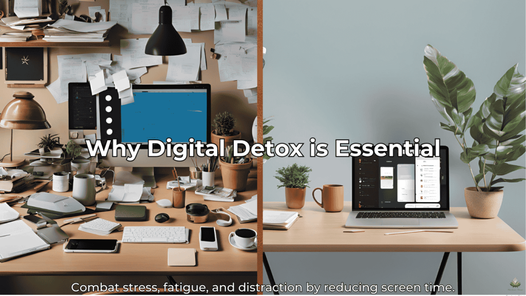 The Need for a Digital Detox Why It’s Essential Today Split-screen showing cluttered desk vs. minimalist setup with text 'Why Digital Detox is Essential.'