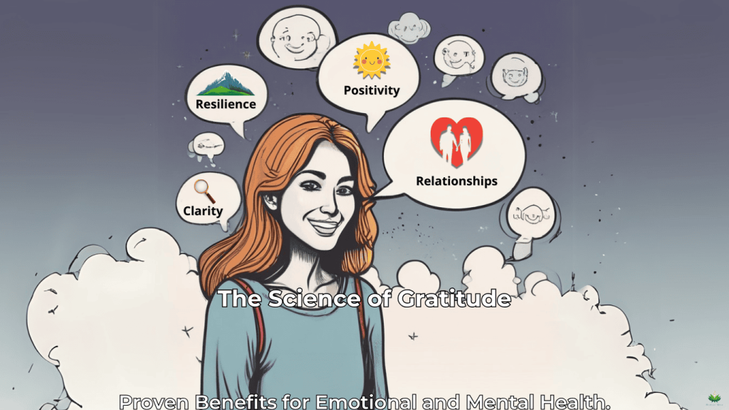 The Science of Gratitude: Benefits for Emotional and Mental Health Smiling individual with thought bubbles highlighting gratitude benefits like positivity and resilience.
