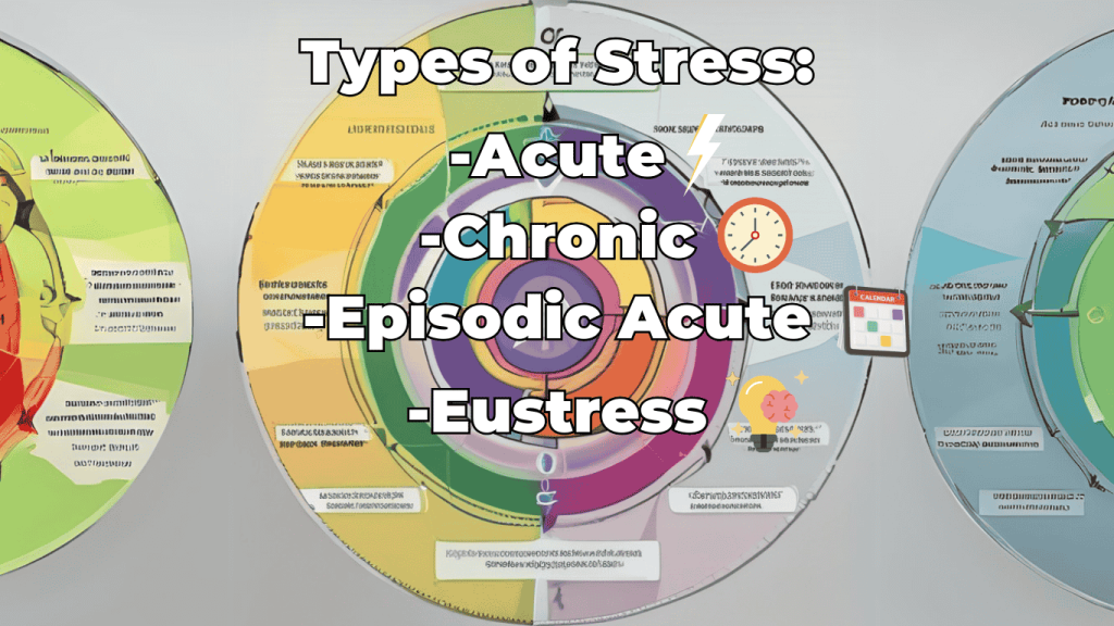 Segmented wheel infographic illustrating the four types of stress: Acute, Chronic, Episodic Acute, and Eustress, with descriptive icons