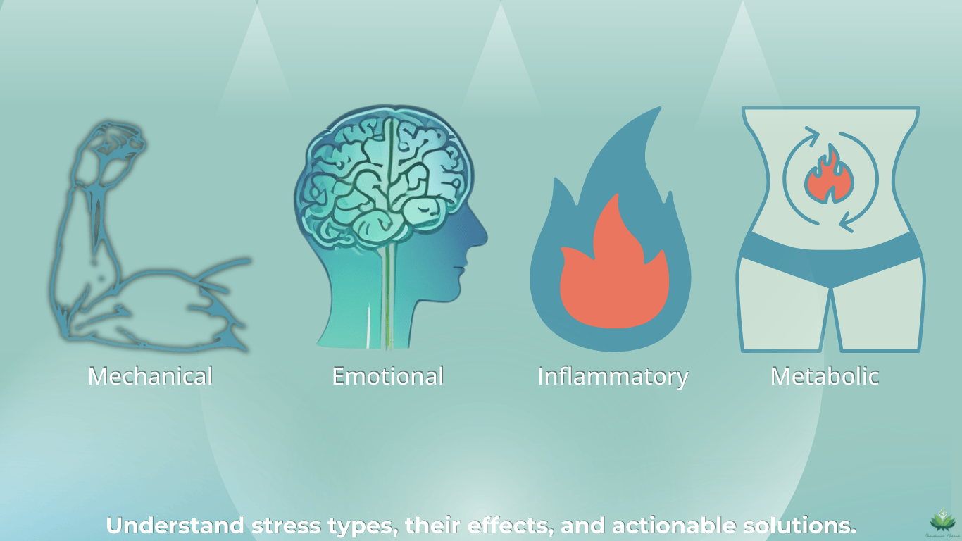 Balanced image with icons for emotional, mechanical, inflammatory, and metabolic stress, under the title 'Types of Stress.