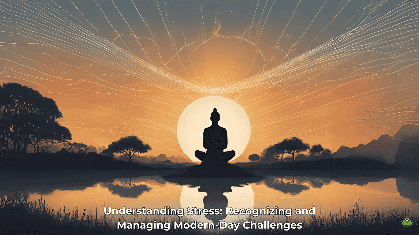 Calming sunrise over a tranquil park with a person meditating and overlay text 'Understanding Stress: Recognizing and Managing Modern-Day Challenges.
