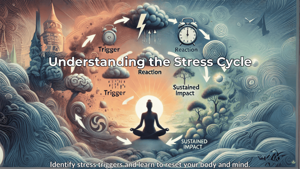 Flowchart of the stress cycle transitioning into a calm meditation scene.