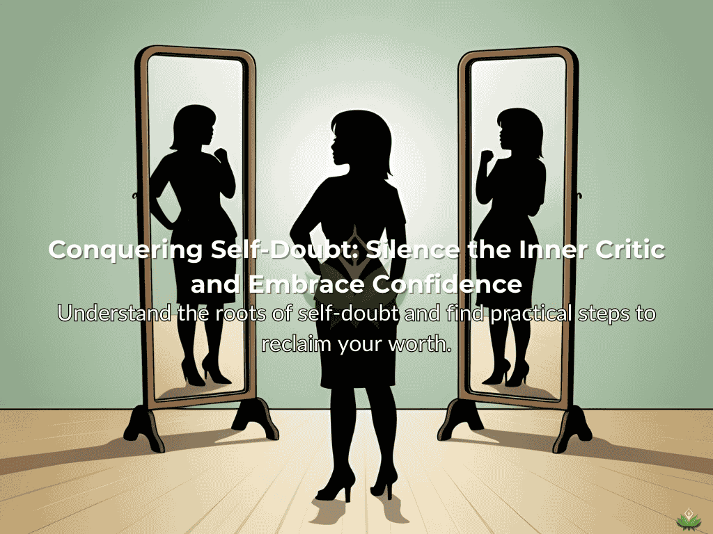 A silhouette of a person standing before a mirror with one reflection confident and the other doubtful.