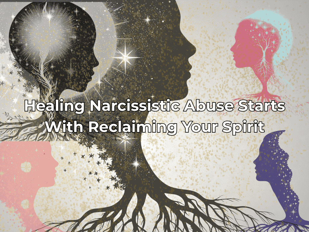 A side-profile silhouette dissolving into white light and stars with grounding roots extending from the feet, symbolizing healing from narcissistic abuse and spiritual awakening.