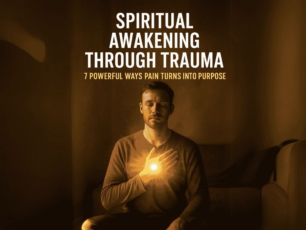 Man meditating with golden light glowing from chest symbolizing spiritual healing through trauma