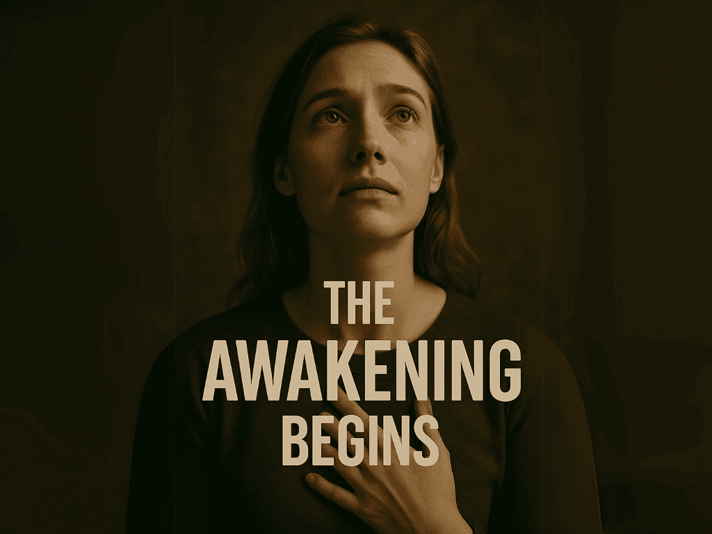Woman looking upward with hand on heart, representing inner awakening after trauma