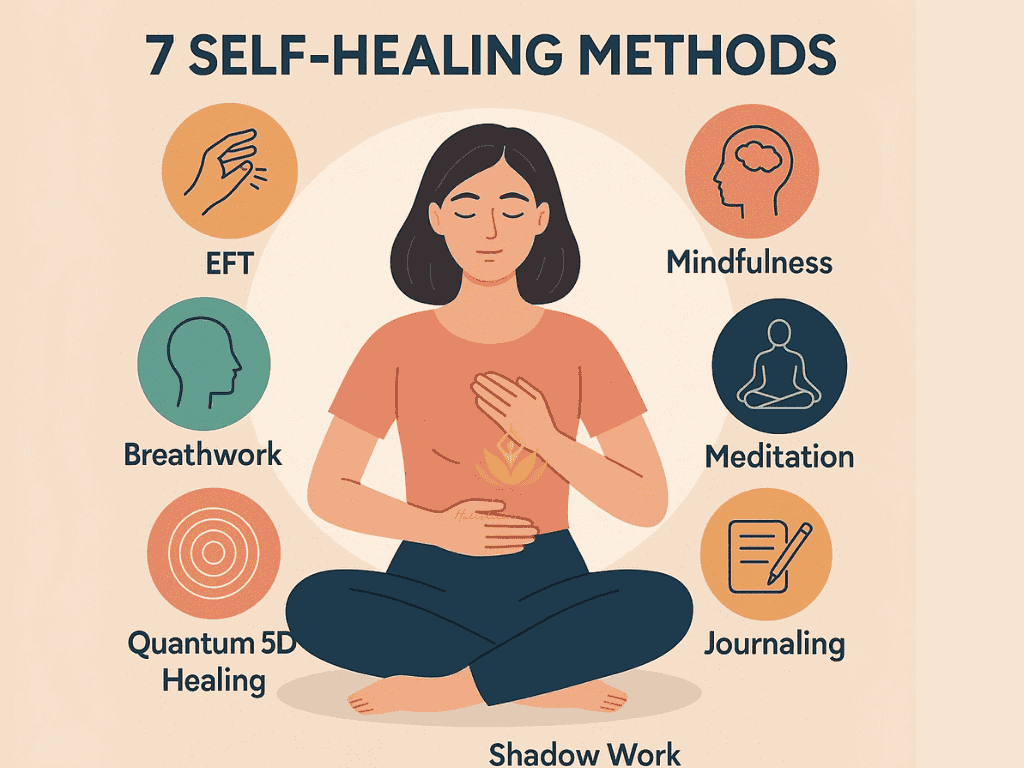 Illustration of a woman meditating surrounded by icons representing 7 self-healing methods including EFT, breathwork, mindfulness, meditation, journaling, shadow work, and Quantum 5D Healing