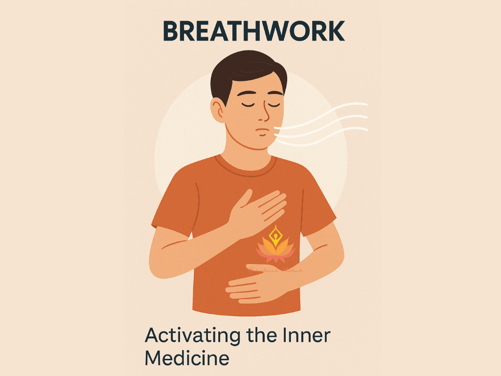 Illustration of a man practicing breathwork with hand on chest and air lines symbolizing deep breathing for emotional healing