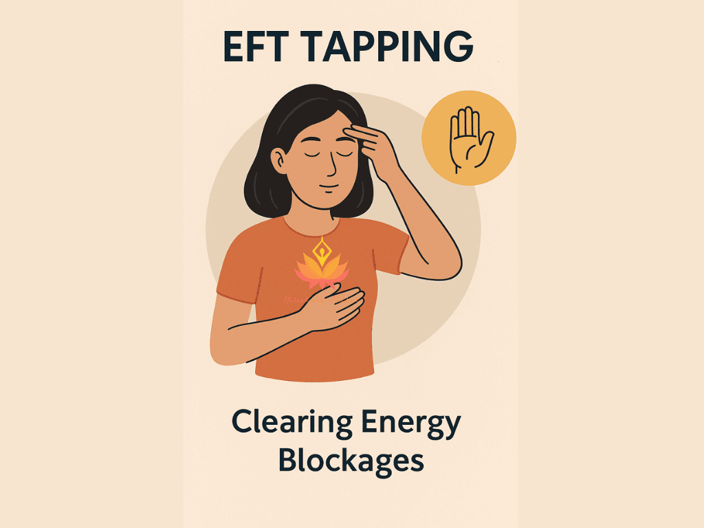Illustration of a woman performing EFT tapping on her forehead and chest with a hand icon representing the technique
