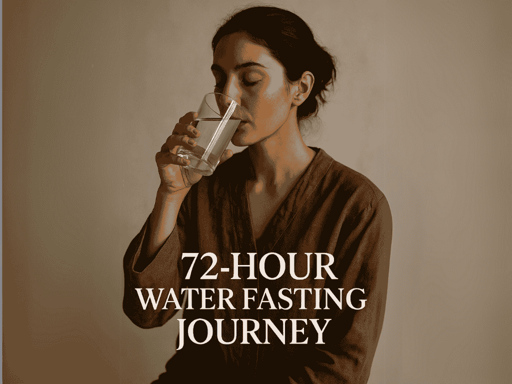 Woman in brown robe drinking water, calm expression, representing the start of a 72-hour water fasting journey for raw and honest healing