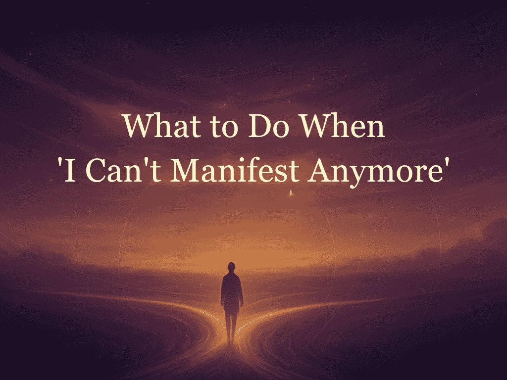 Digital landscape illustration with cosmic tones and title: What to Do When You Feel ‘I Can’t Manifest Anymore’.