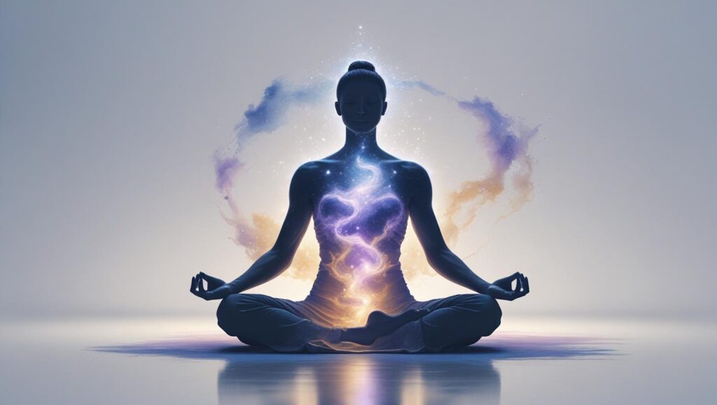 A silhouette of a person meditating, glowing with interconnected light, symbolizing the balance of mind, body, and spirit.
