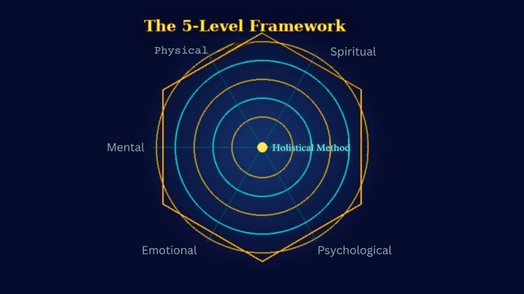 The 5-Level Framework, Holistical Method by Angel Dimitrov
Caption: The 5-Level Framework — Spiritual · Mental · Emotional · Psychological · Physical
