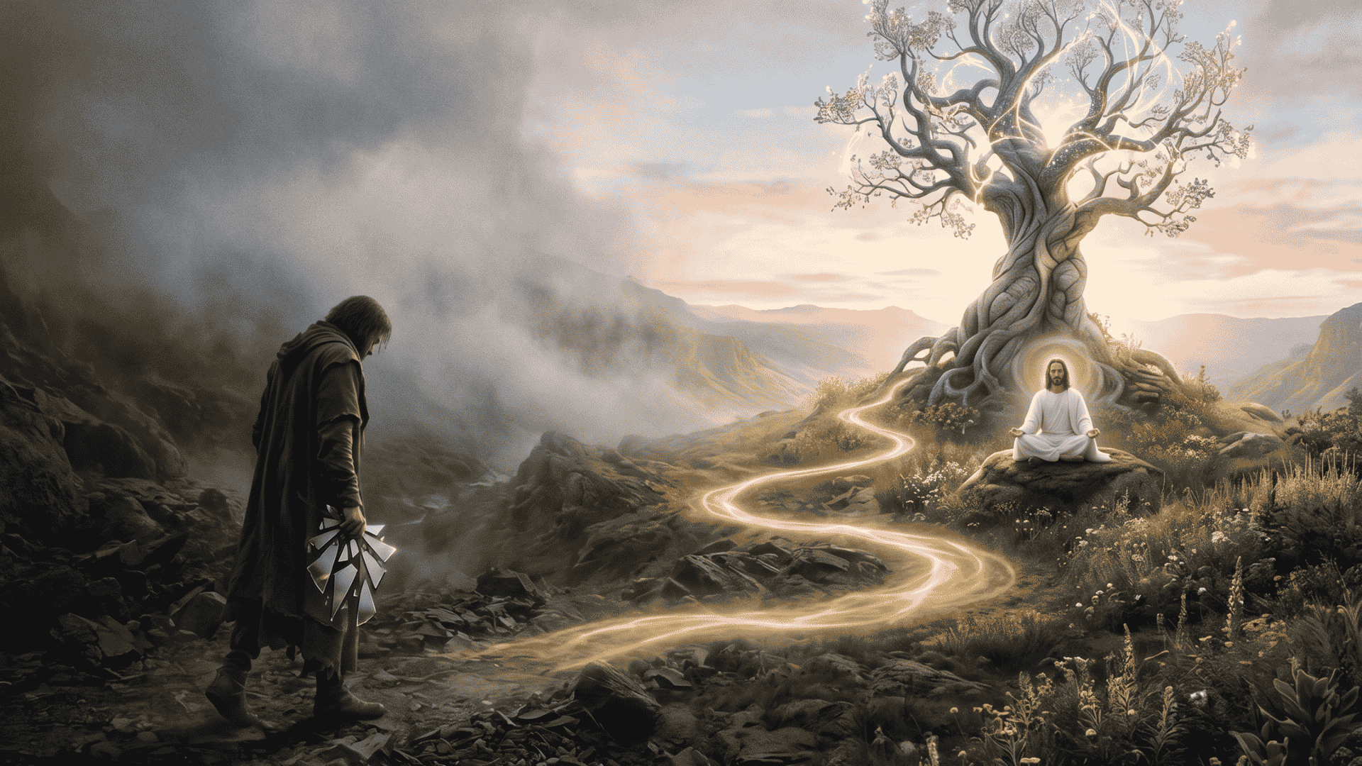 Infographic depiction of the journey from shadow and fragmentation to spiritual wholeness.