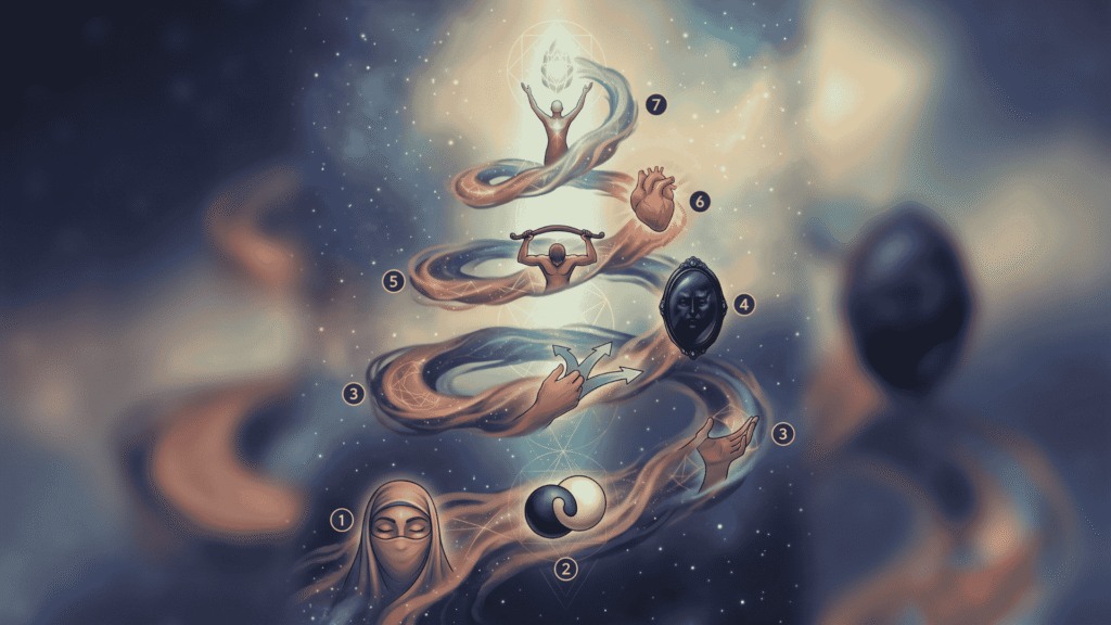 Diagram illustrating the spiral stages of the 7 Agreements of the Soul framework.