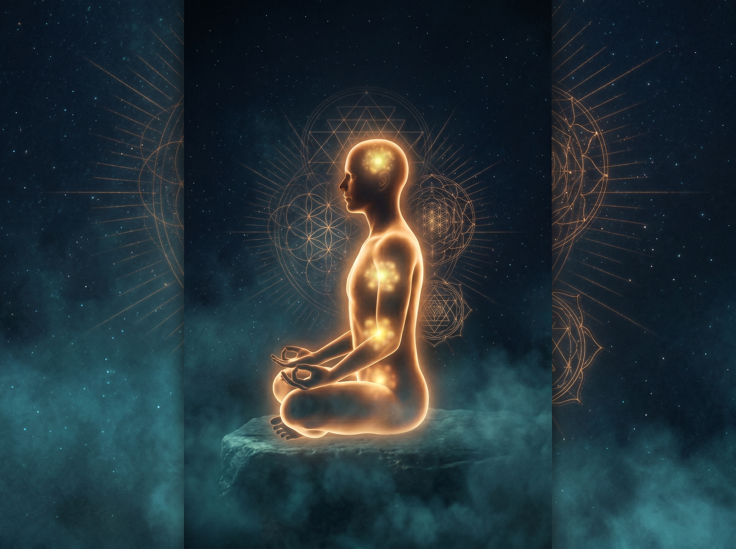 emotions stored in the body shown as light held in a meditating figure